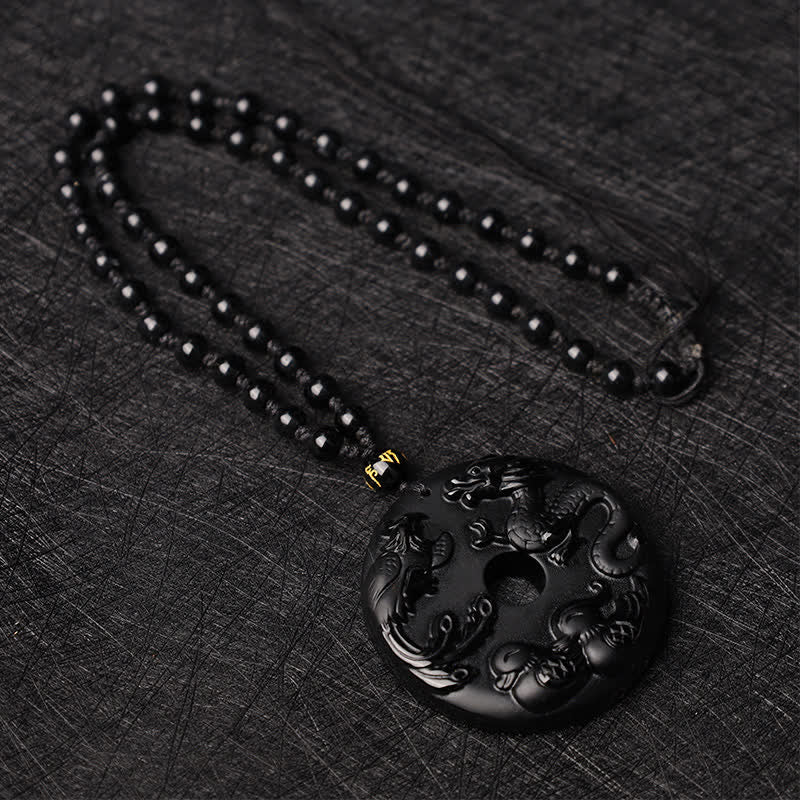 Fortune Jewel Black Obsidian Dragon Phoenix Mandarin Duck Luck Protection Necklace Pendant