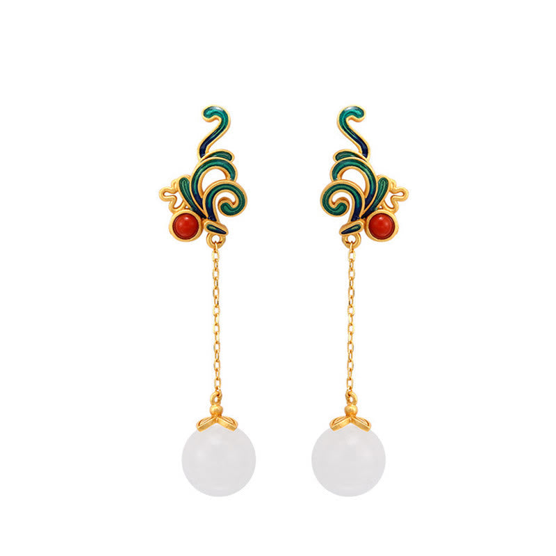 Fortune Jewel Vintage White Jade Red Agate Bead Blessing Drop Dangle Earrings