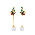 Fortune Jewel Vintage White Jade Red Agate Bead Blessing Drop Dangle Earrings