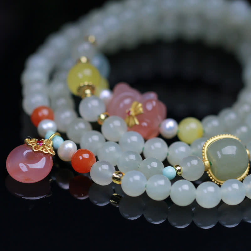 Fortune Jewel Natural Hetian Jade Pink Crystal Peace Buckle Happiness Abundance Bracelet