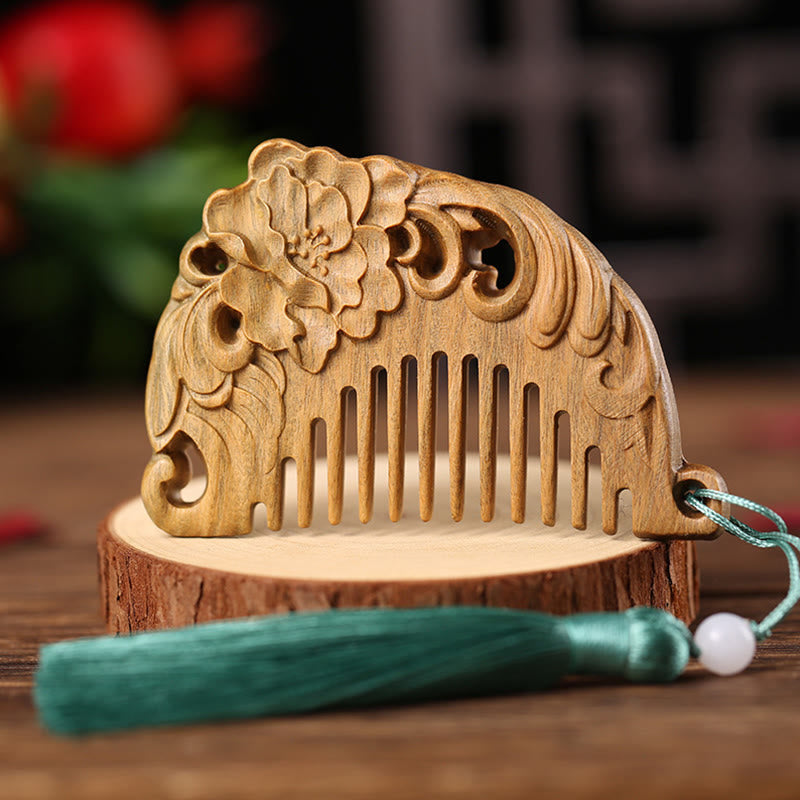 Fortune Jewel Green Sandalwood Fox Peony Flower Lotus Engraved Cure Tassel Comb Fortune Jewel