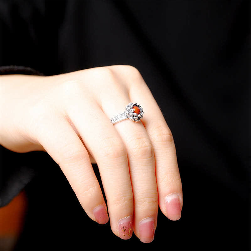 Fortune Jewel925 Sterling Silver Lotus Red Agate Confidence Blessing Ring
