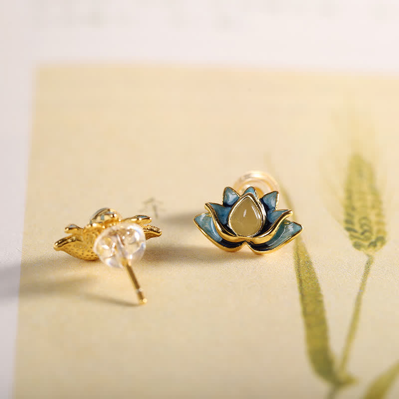 925 Sterling Silver Hetian Cyan Jade Lotus Flower Success Earrings Fortune Jewel