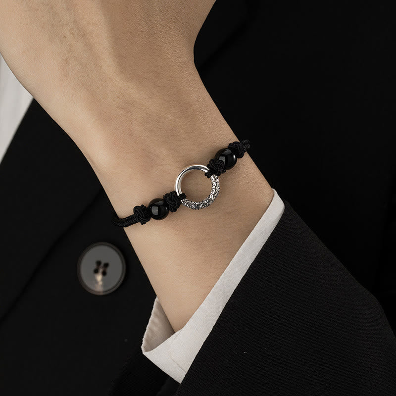 Fortune Jewel 925 Sterling Silver Black Onyx Peace Buckle Protection Bracelet