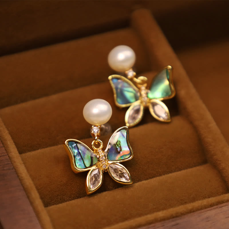 Fortune Jewel 18K Gold Plated Copper Natural Shell Pearl Butterfly Sincerity Stud Earrings