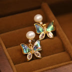 Fortune Jewel 18K Gold Plated Copper Natural Shell Pearl Butterfly Sincerity Stud Earrings