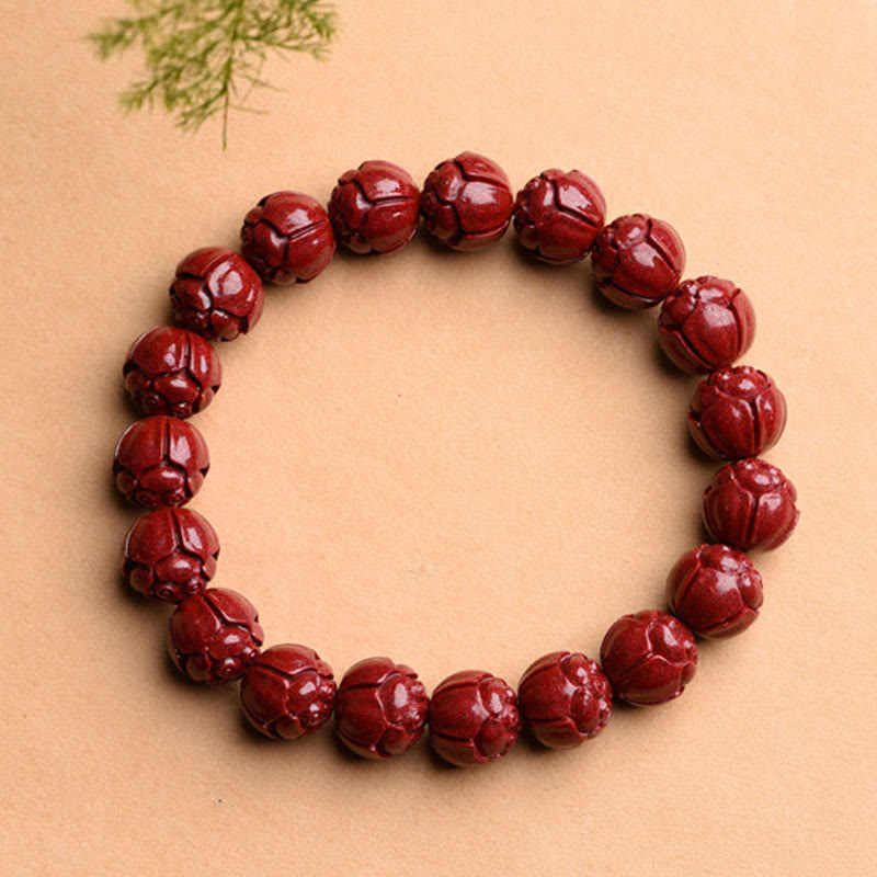 Fortune Jewel Natural Cinnabar Om Mani Padme Hum Fret Pattern Lotus Blessing Bracelet