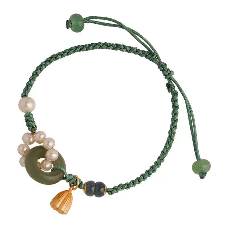 Fortune Jewel Natural Hetian Jade Peace Buckle Pearl Luck Handcrafted Braided Bracelet