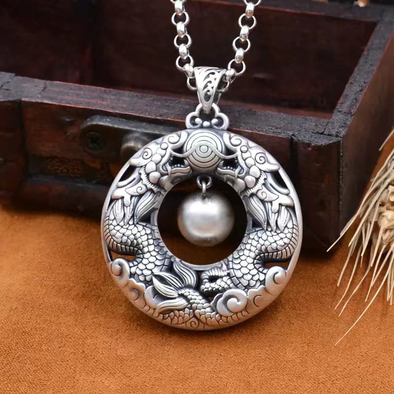 Fortune Jewel Double Dragon Playing Bead Copper Protection Necklace Pendant