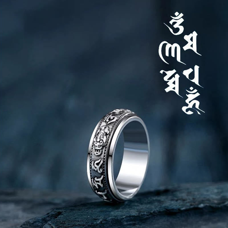 Fortune Jewel Tibetan Om Mani Padme Hum PiXiu Engraved Wealth Luck Rotatable Ring