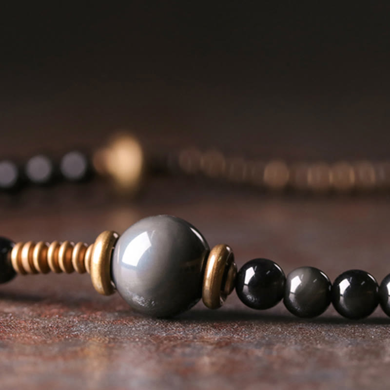 Fortune Jewel Rainbow Obsidian Ebony Wood Copper Positive Multilayer Bracelet