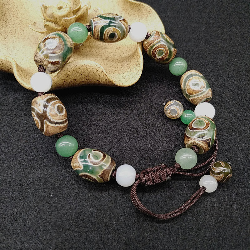 Fortune Jewel Tibetan Three-eyed Dzi Bead Luck Protection Braided Bracelet