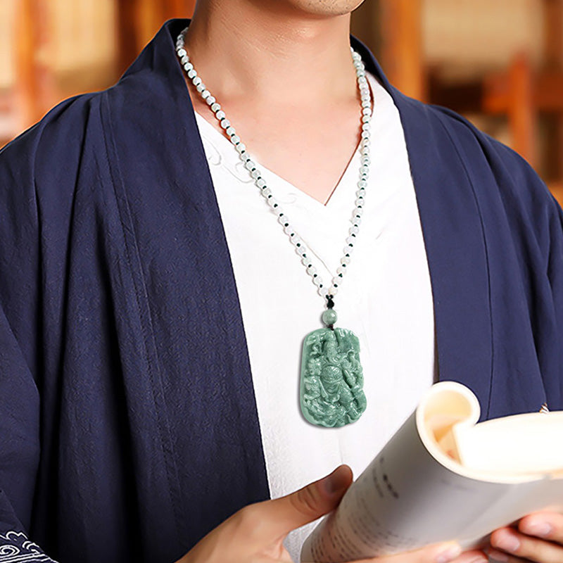 Fortune Jewel Natural Jade Guan Gong Amulet Wealth Necklace Pendant
