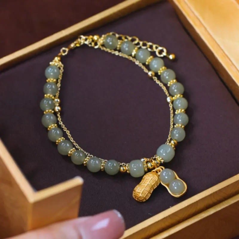 Fortune Jewel Jade Leaf Ginkgo Tulip Peanut Fu Character Luck Beaded Bracelet