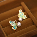 Fortune Jewel 925 Sterling Silver Posts 18K Gold Plated Copper Natural Pearl Butterfly Healing Stud Earrings