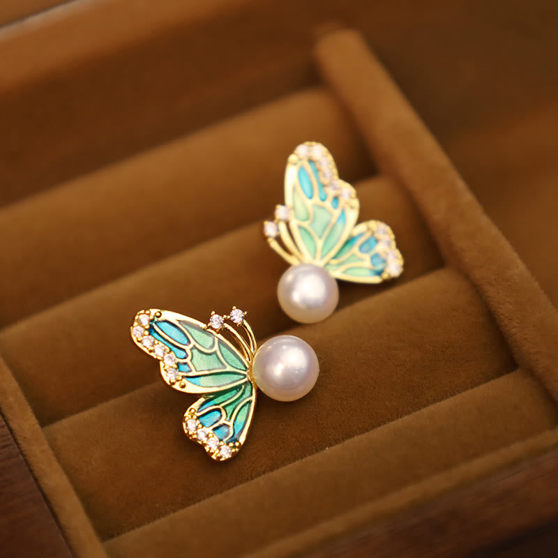 Fortune Jewel 925 Sterling Silver Posts 18K Gold Plated Copper Natural Pearl Butterfly Healing Stud Earrings
