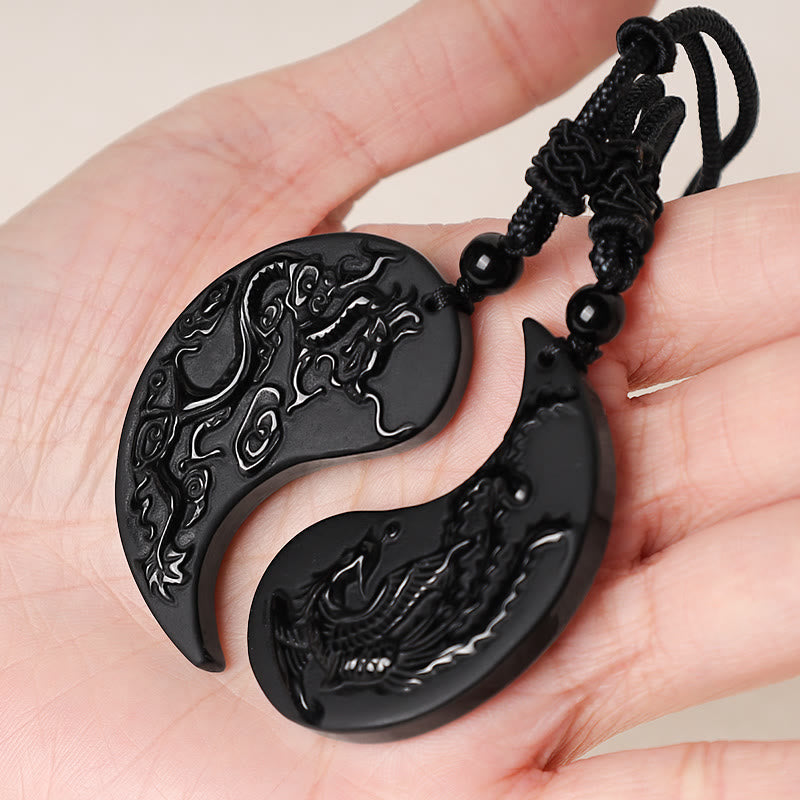 Fortune Jewel Black Obsidian Yin Yang Dragon Phoenix Luck Necklace Pendant