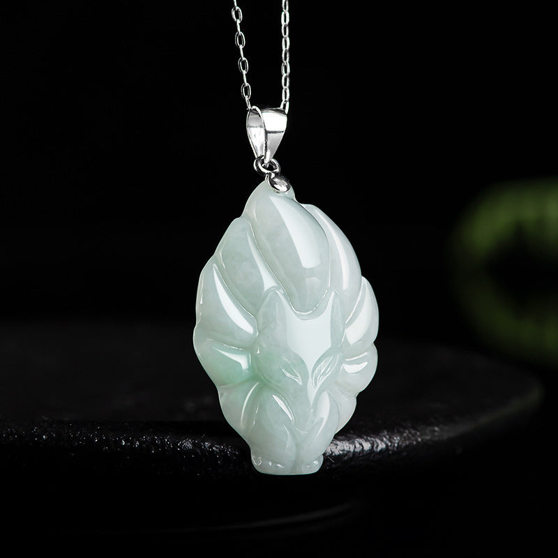 Fortune Jewel Natural Jade Nine Tailed Fox Prosperity Titanium Steel Chain Necklace Pendant