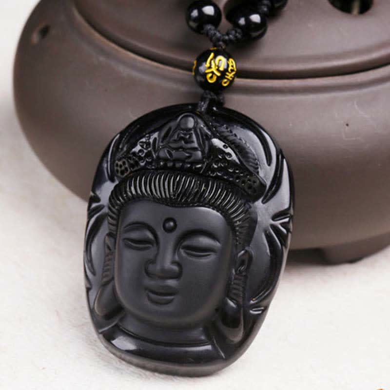 Fortune Jewel Natural Black Obsidian Kwan Yin Avalokitesvara Strength String Necklace Pendant