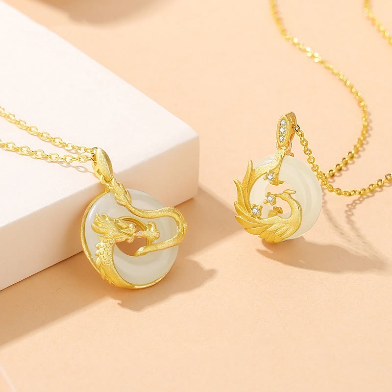 Fortune Jewel 925 Sterling Silver Year of the Dragon Hetian Jade Golden Dragon Phoenix Peace Buckle Luck Necklace Pendant