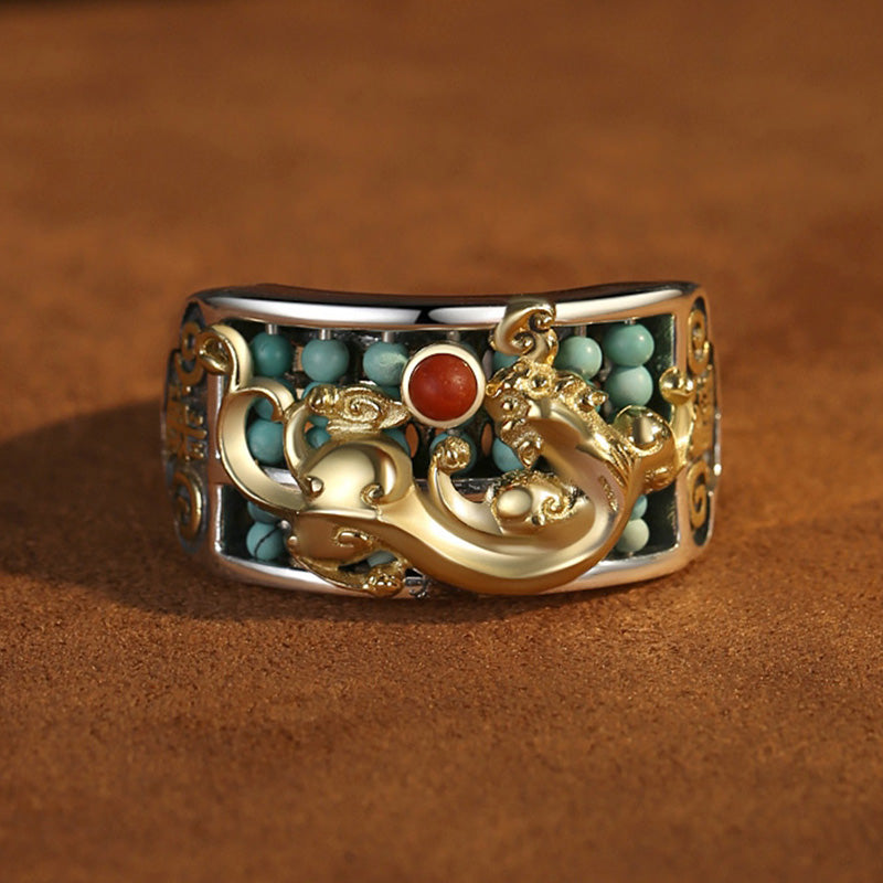 Fortune Jewel 925 Sterling Silver Turquoise Red Agate PiXiu Abacus Protection Ring