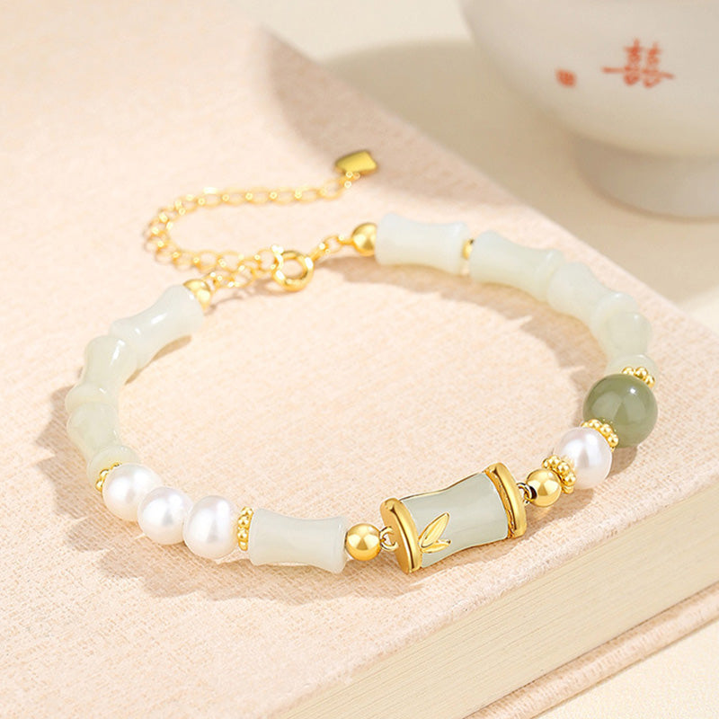 Fortune Jewel 925 Sterling Silver Natural Hetian White Jade Bamboo Luck Blessing Bracelet