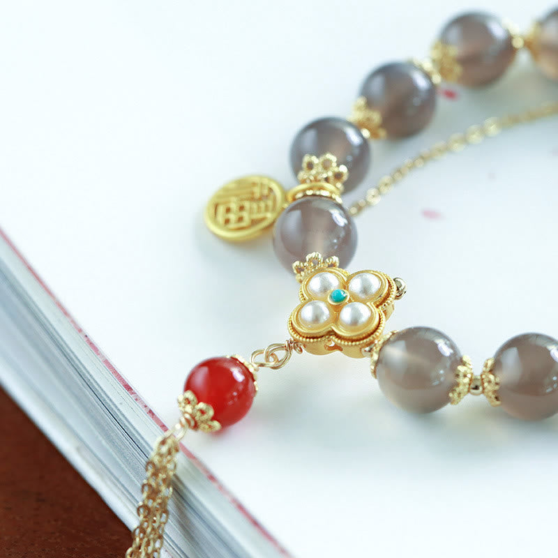Fortune Jewel Natural Gray Agate Fu Character Pearl Tassel Balance Bracelet
