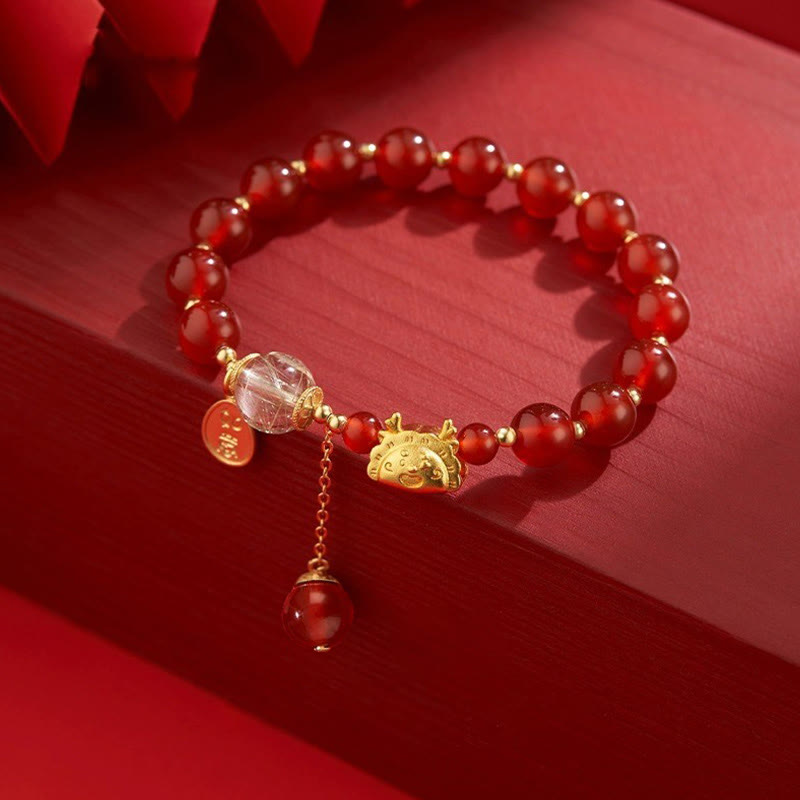 Fortune Jewel Year of the Dragon Dumpling Natural Red Agate Garnet Hetian Jade Fu Character Luck Success Bracelet