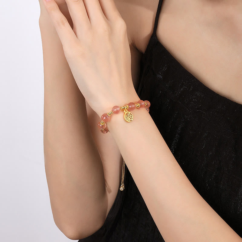 Fortune Jewel 14K Gold Plated Natural Strawberry Quartz Fu Character Positive Charm Bracelet