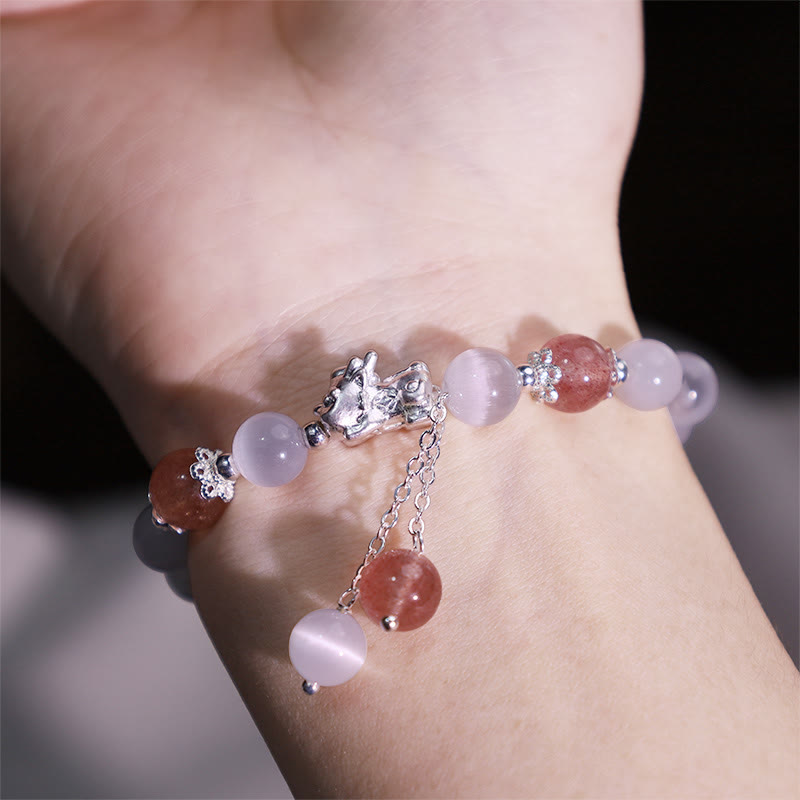 Fortune Jewel Natural Cat's Eye Moonstone Strawberry Quartz PiXiu Support Bracelet