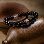 Fortune Jewel Chinese Zodiac Natal Buddha 925 Sterling Silver Black Obsidian Moonstone Strength Bracelet