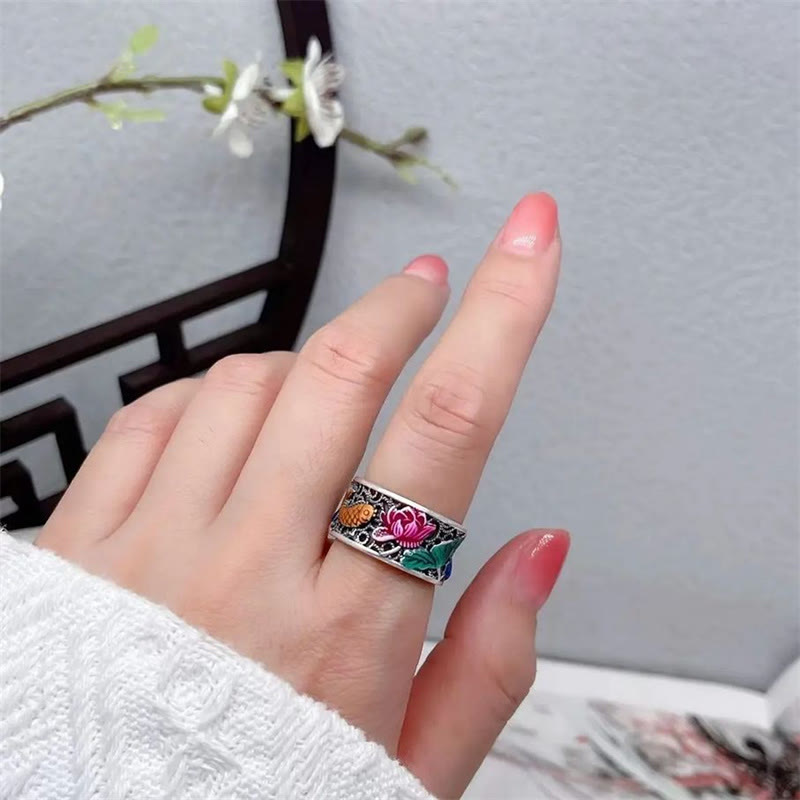 Fortune Jewel Copper Blue Enamel Lotus Heart Sutra Koi Fish Luck Ring Fortune Jewel
