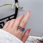 Fortune Jewel Copper Blue Enamel Lotus Heart Sutra Koi Fish Luck Ring Fortune Jewel