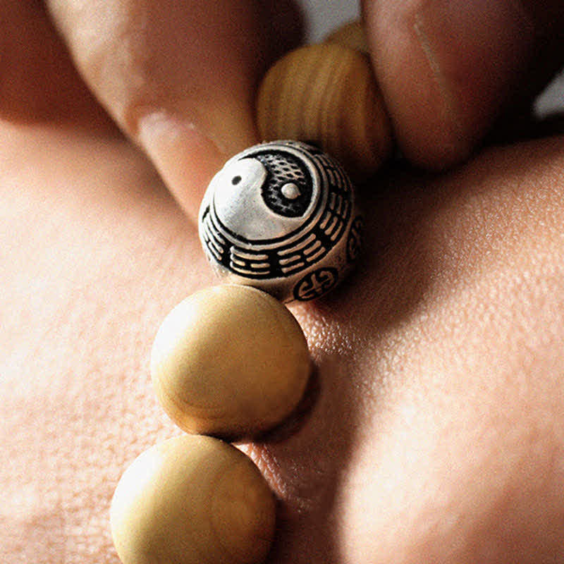Fortune Jewel Tibet Peach Wood Lotus Cinnabar Bagua Yin Yang Luck Wealth Bracelet
