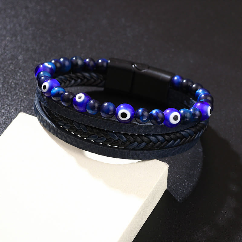 Fortune Jewel Evil Eye Tiger Eye Protection Beaded Multilayered Braided Bracelet