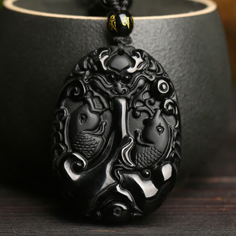 Fortune Jewel Black Obsidian Koi Fish Bead Rope Fulfilment Strength Necklace Pendant - Fortune Jewel