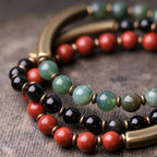 Fortune Jewel Red Jasper Moss Agate Black Obsidian Crystal Copper Peace Couple Bracelet