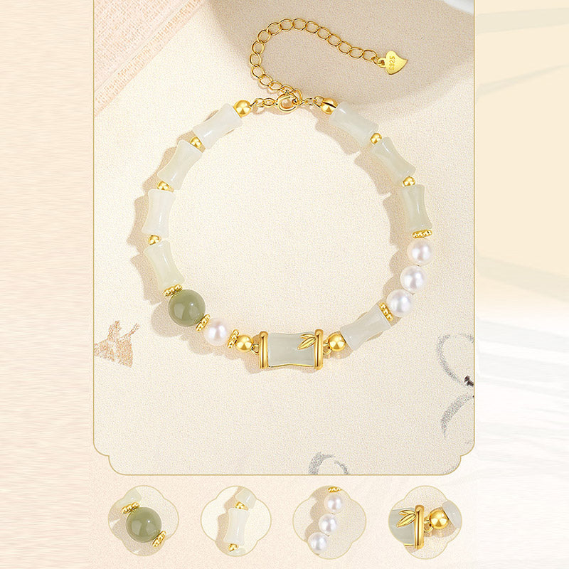 Fortune Jewel 925 Sterling Silver Natural Hetian White Jade Bamboo Luck Blessing Bracelet