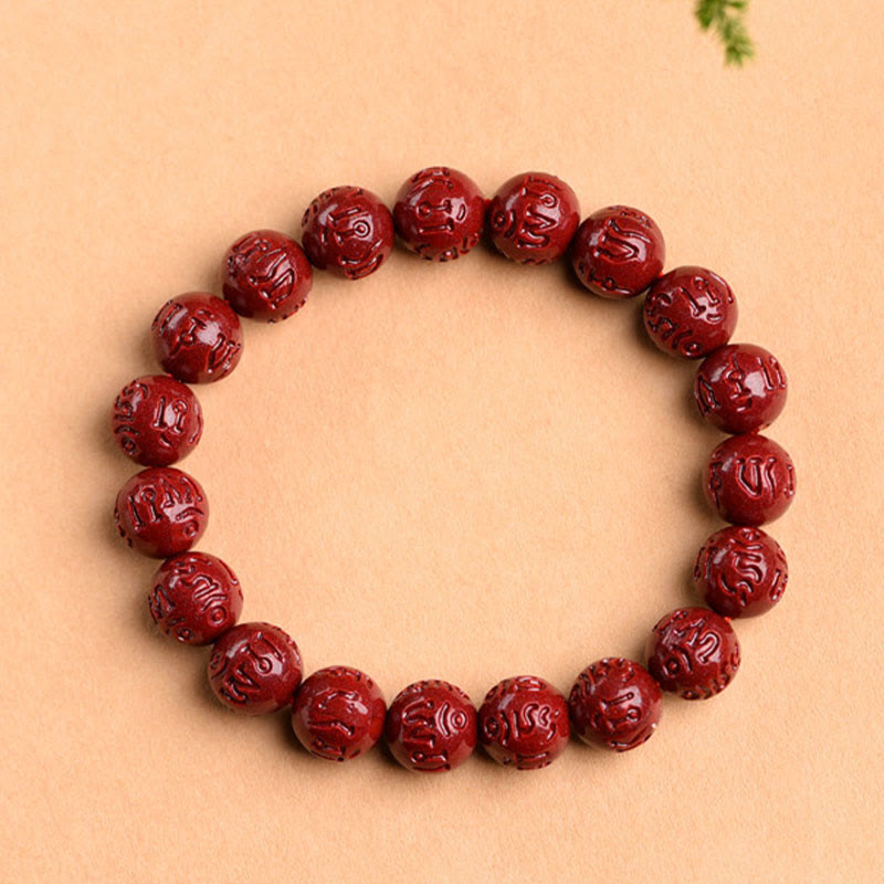 Fortune Jewel Natural Cinnabar Om Mani Padme Hum Fret Pattern Lotus Blessing Bracelet