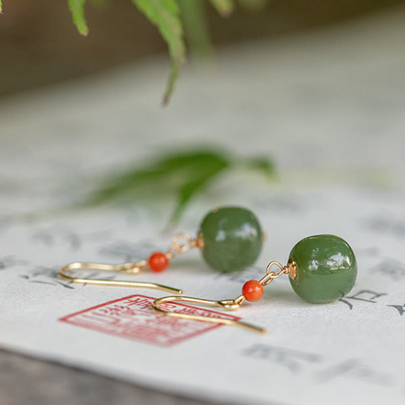 Fortune Jewel 925 Sterling Silver Plated 14k Gold Hetian Jade Red Agate Luck Drop Dangle Earrings