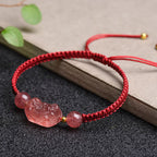 Fortune Jewel Natural Strawberry Quartz PiXiu Lucky Red String Bracelet