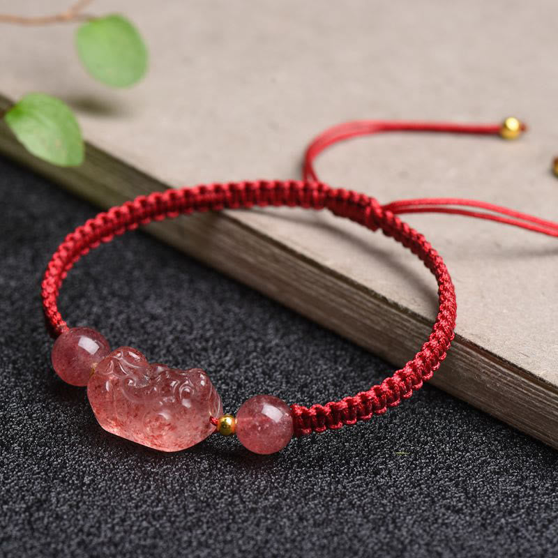 Fortune Jewel Natural Strawberry Quartz PiXiu Lucky Red String Bracelet