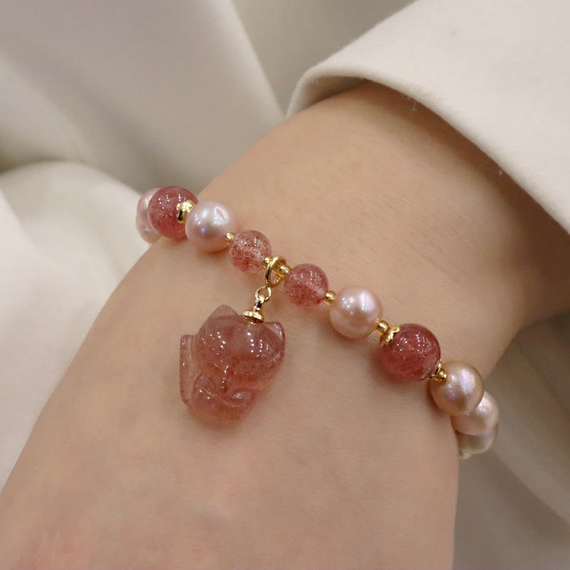 Fortune Jewel Natural Pearl Strawberry Quartz Cute Fox Love Healing Charm Bracelet