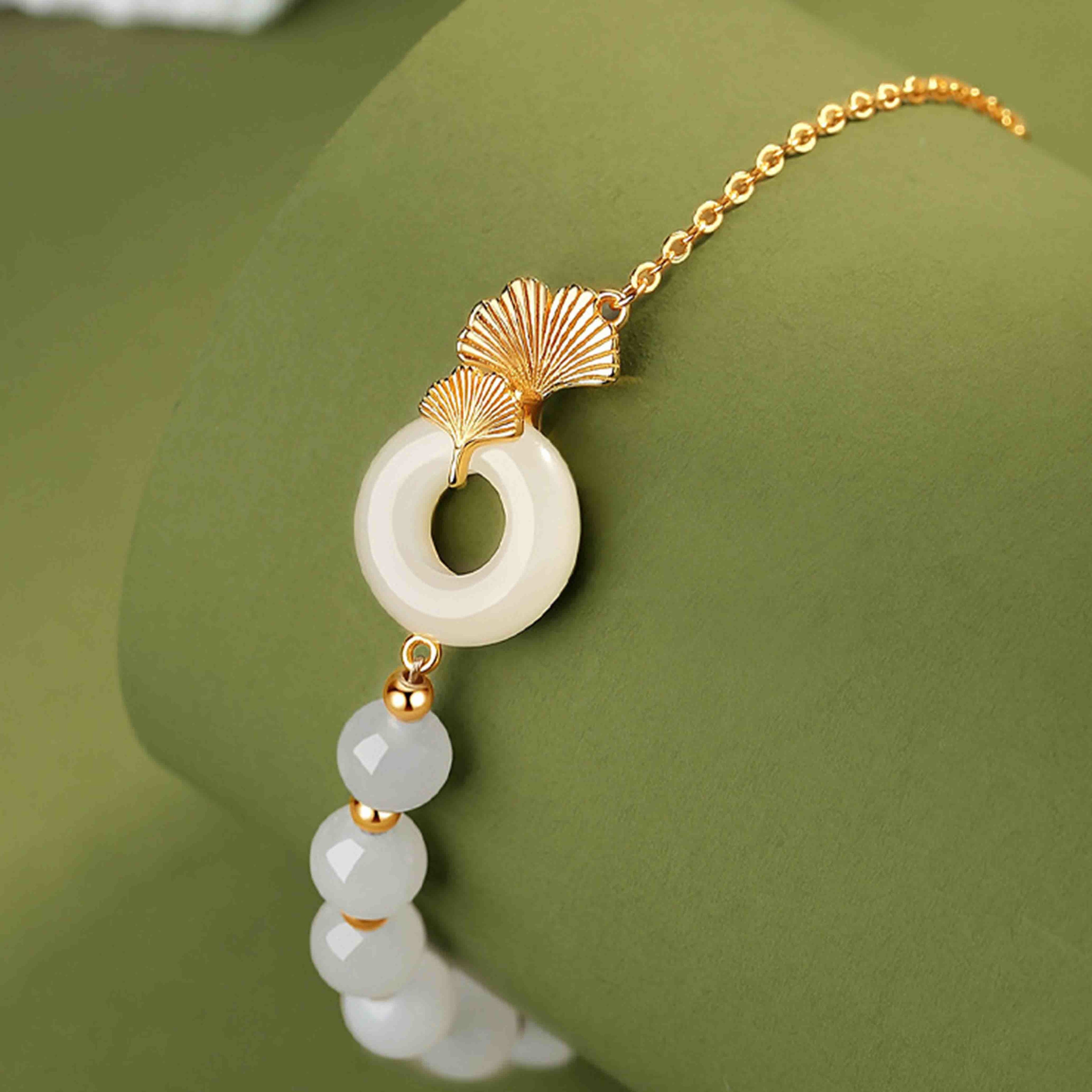 Fortune Jewel 925 Sterling Silver Hetian White Jade Peace Buckle Ginkgo Leaf Luck Bracelet