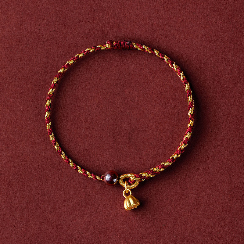 Fortune Jewel Handcrafted Red Gold Rope Lotus Peace And Joy Charm Braid Bracelet