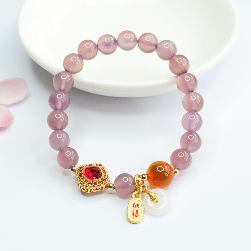 Fortune Jewel Natural Purple Chalcedony Candy Agate Peace Buckle Harmony Lucky Fortune Charm Bracelet