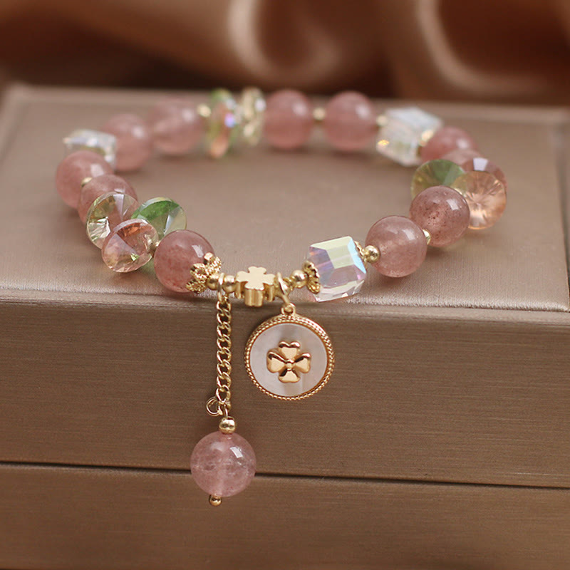 Fortune Jewel Strawberry Quartz Lucky Four Leaf Clover Healing Charm Bracelet