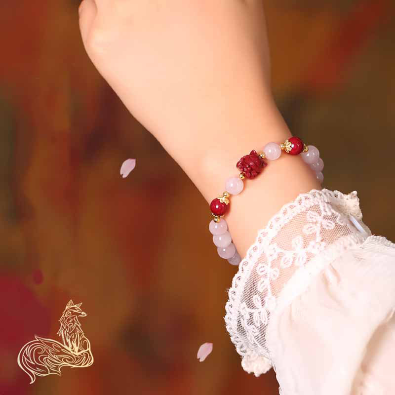 Fortune Jewel Natural Pink Crystal Cinnabar Nine Tailed Fox Love Bracelet