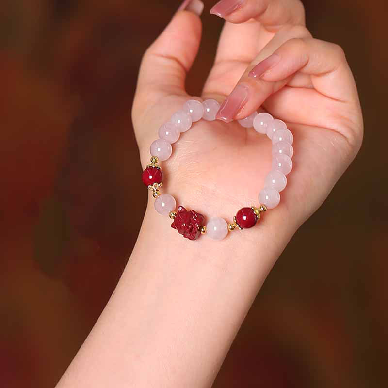 Fortune Jewel Natural Pink Crystal Cinnabar Nine Tailed Fox Love Bracelet