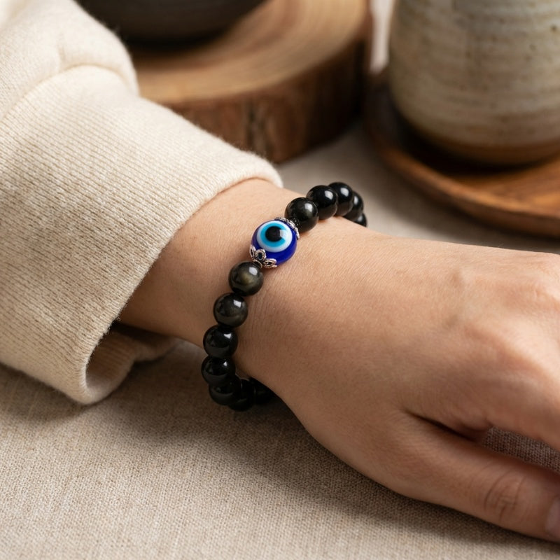 Buddha & Karma Black Obsidian Evil Eye Bracelet - Dual Protection